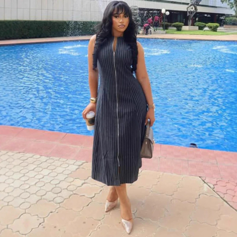 ZARA Elegant African Sleeveless Striped Vest Zipper Long Dress